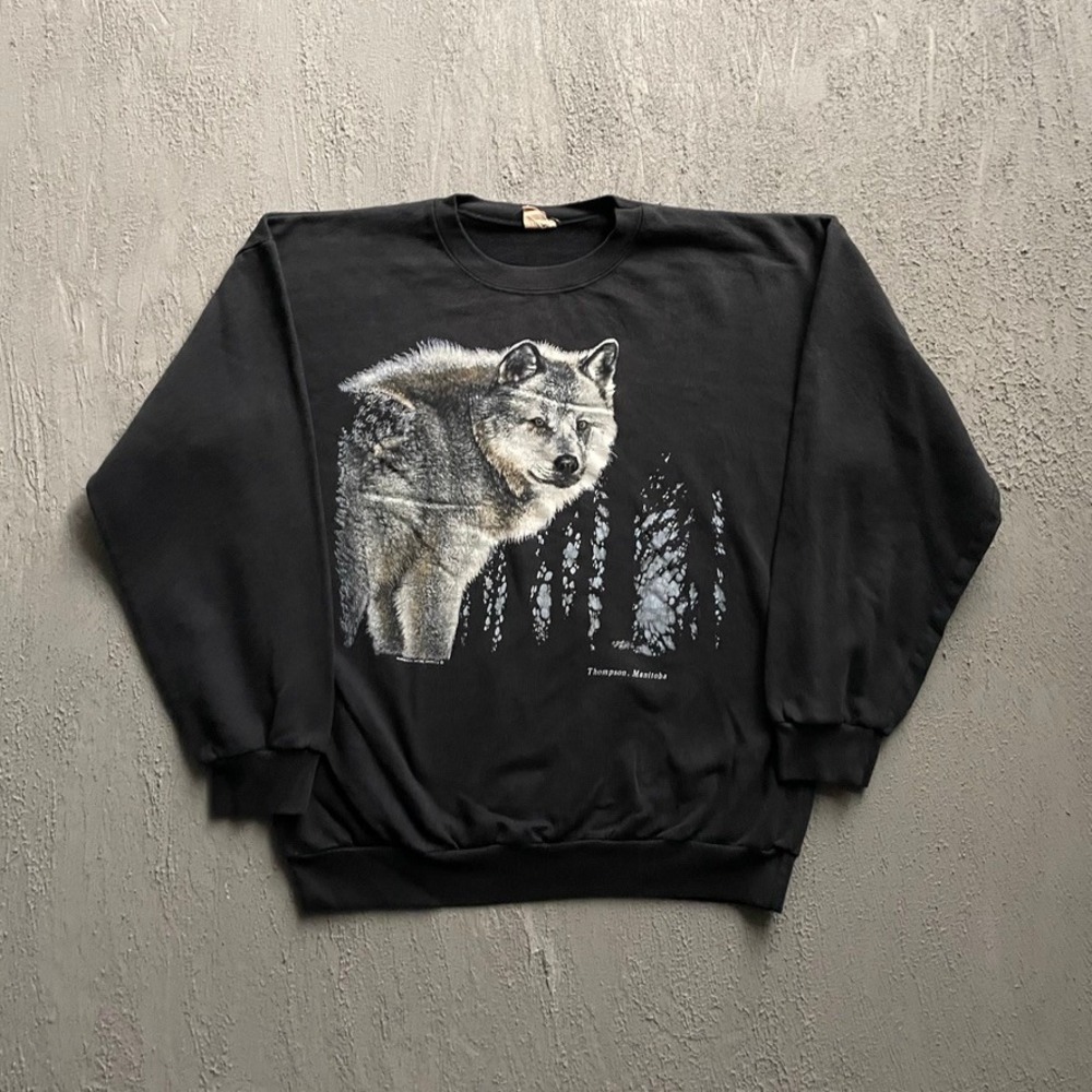 Vintage Wolf Graphic Sweatshirt Mens Large Black 90s Nature